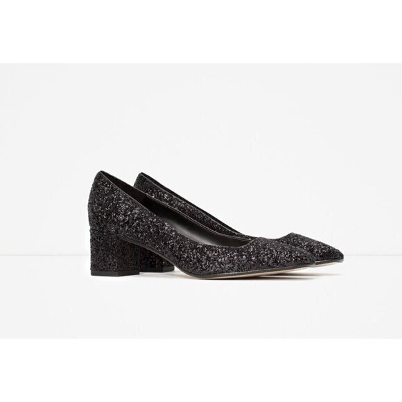 Zara Black Glitter Block Heels - 36/5.5-6US, BNWOTs! Made in Portugal 🇵🇹 - Picture 3 of 14